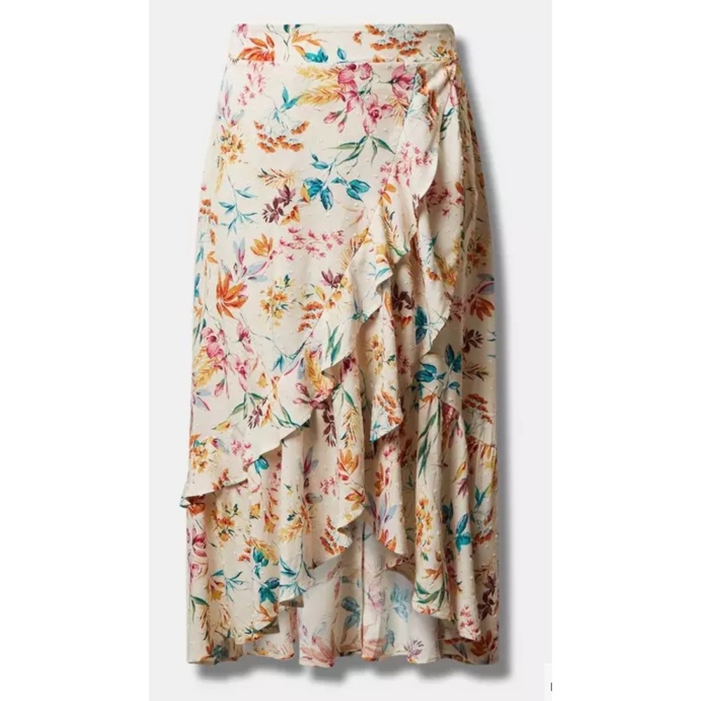 Torrid Floral Midi Skirt Womens 2 White Multi Ruffle High Low Clip Dot Rayon